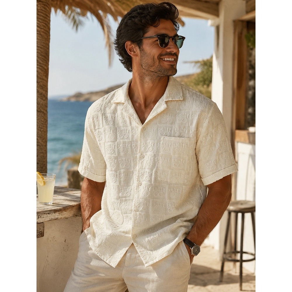 H&M Smiley Face Terry‎ Cloth Camp Shirt XL Coastal Grandpa Summer Resort Beach